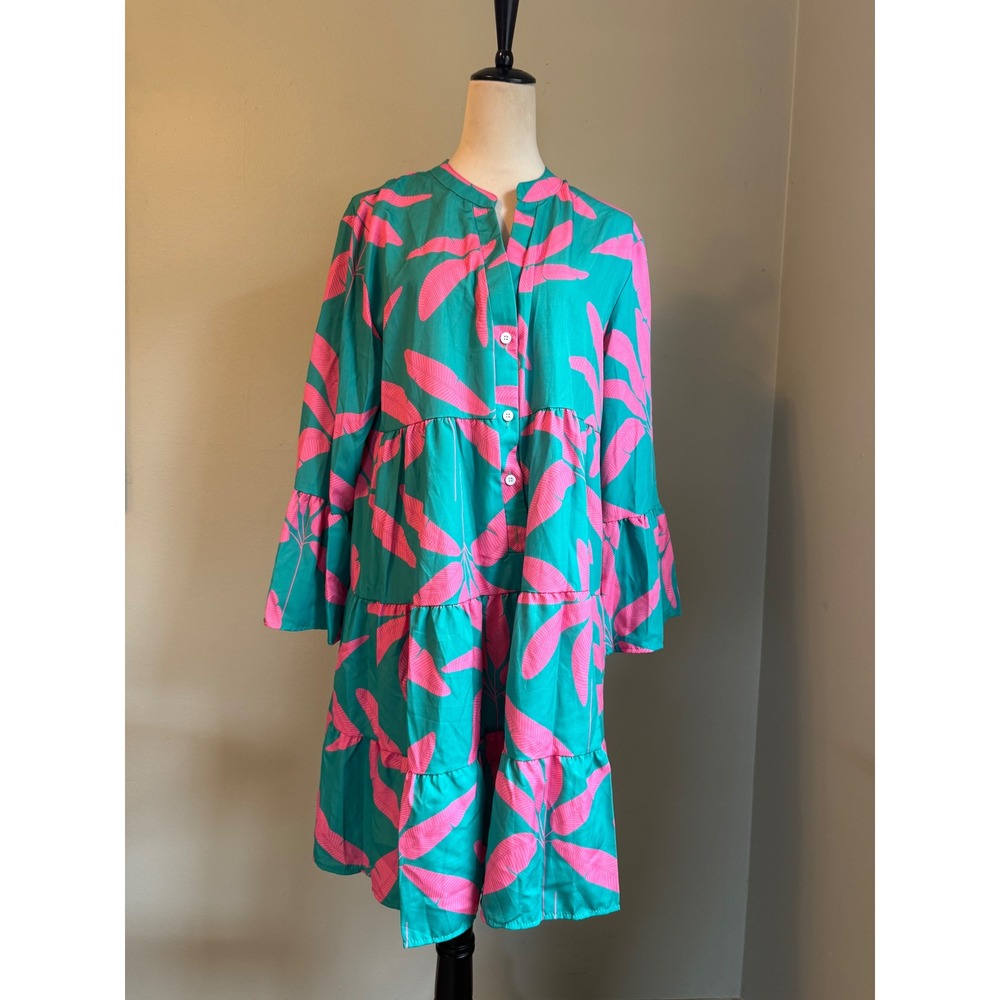 Teal Hot Pink Tropical Leaf Tiered Babydoll Dress Bell Sleeve resort beach xxl